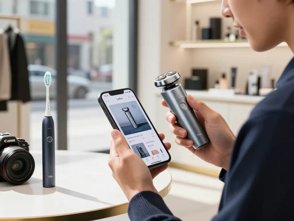 Einkauf von Laifen EU Pflegeprodukten in einer stilvollen urbanen Boutique, die einen luxuriösen elektrischen Rasierer und eine Zahnbürste präsentiert.