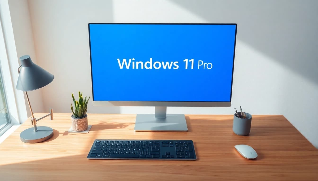 Erleben Sie die Benutzeroberfläche von Windows 11 Pro auf einem eleganten Arbeitsplatz mit modernem Design.