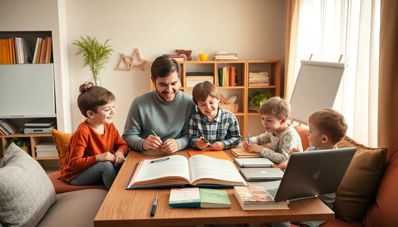 Familie beim Heimunterricht im gemütlichen Wohnzimmer mit Lernmaterialien und Kindern.