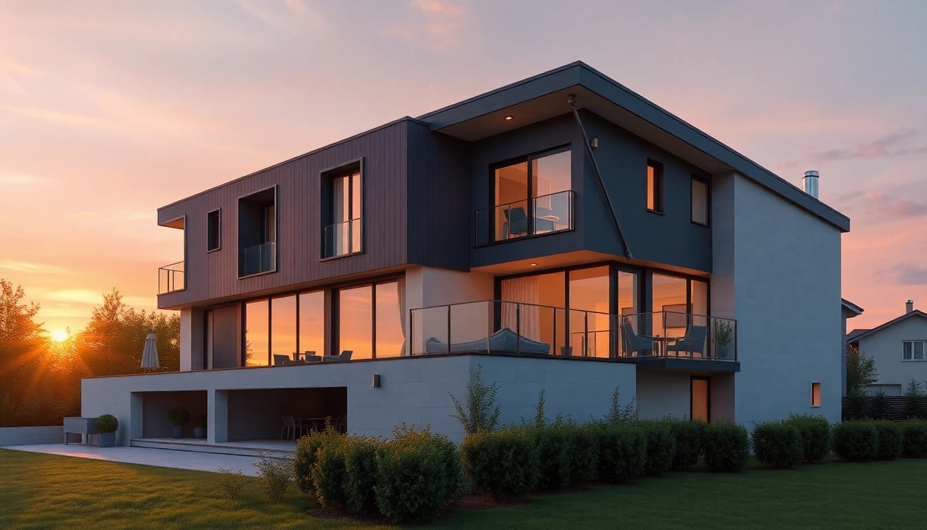3D Visualisierung eines modernen Wohnhauses bei Sonnenuntergang, das realistische architektonische Details zeigt.