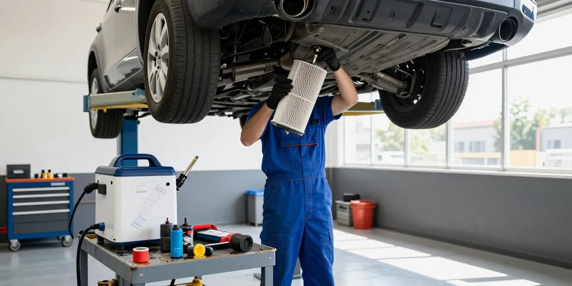 DPF Reinigung Laatzen im Werkstattbereich, Mechaniker bei der Inspektion des Partikelfilters.