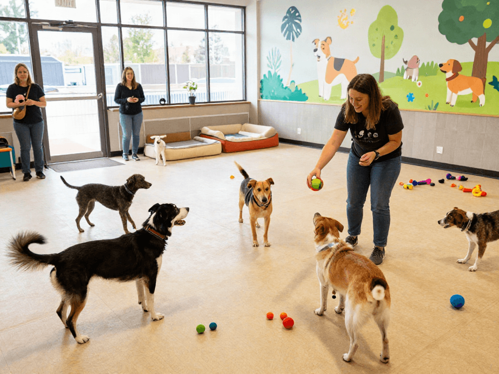 Engaging scene at a dog daycare with playful dogs and staff, showcasing slot88 activities.