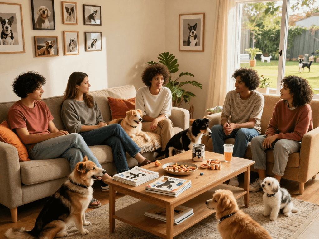 Heartwarming rokok88 pet community gathering scene in a cozy living room.