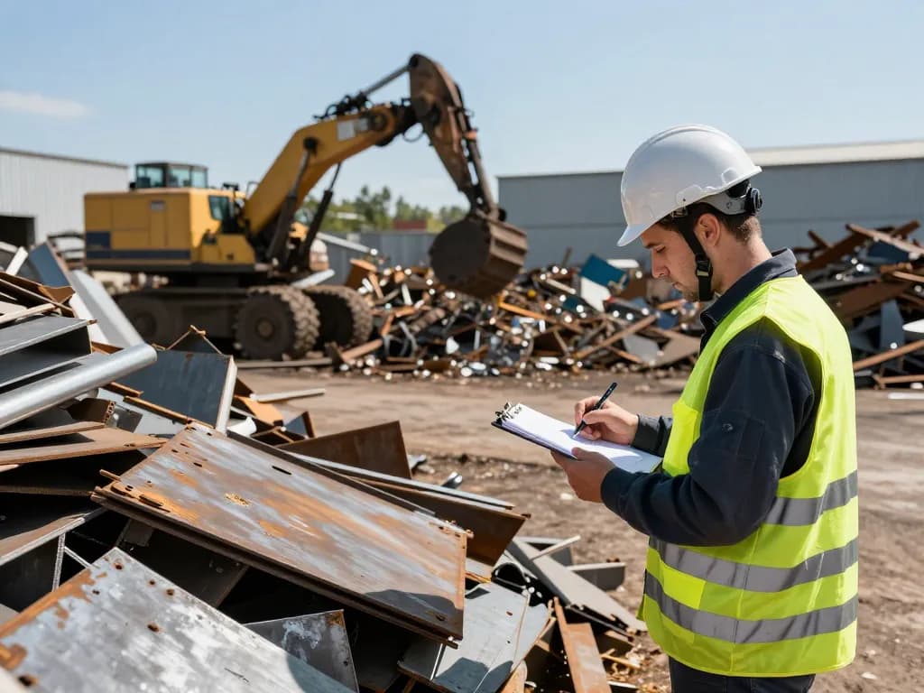 Schrotthändler inspiziert Metallschrott in einem geschäftigen Recyclinghof, der nachhaltige Praktiken präsentiert.