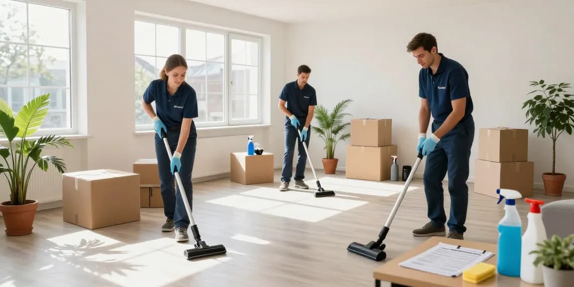 Professionelle umzugsreinigung solothurn Szene mit Reinigungskräften, die eine helle Wohnung organisieren und reinigen.