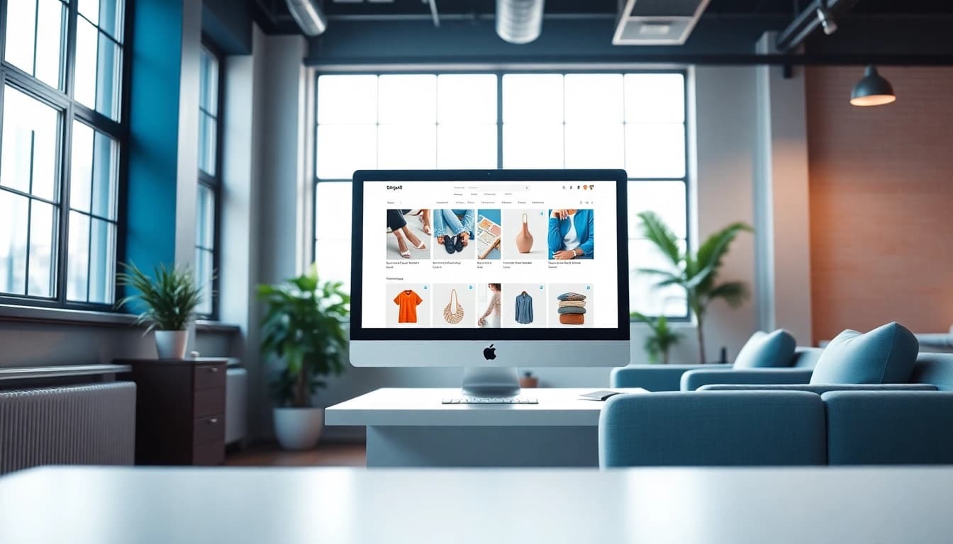 Shopware Inspiration präsentiert modernes E-Commerce-Webdesign in einem stilvollen Büro.
