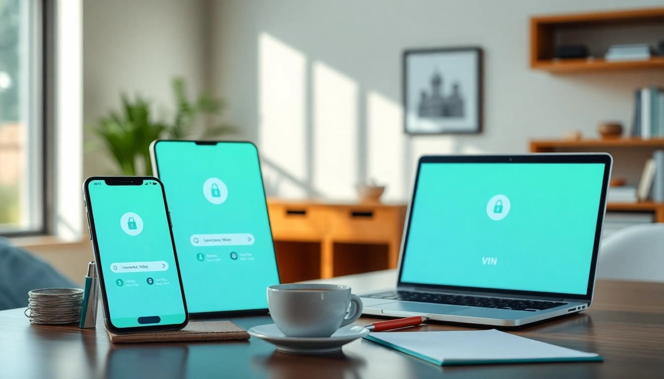 在现代工作场所中展示于多种设备上的快连下载 VPN 应用界面。