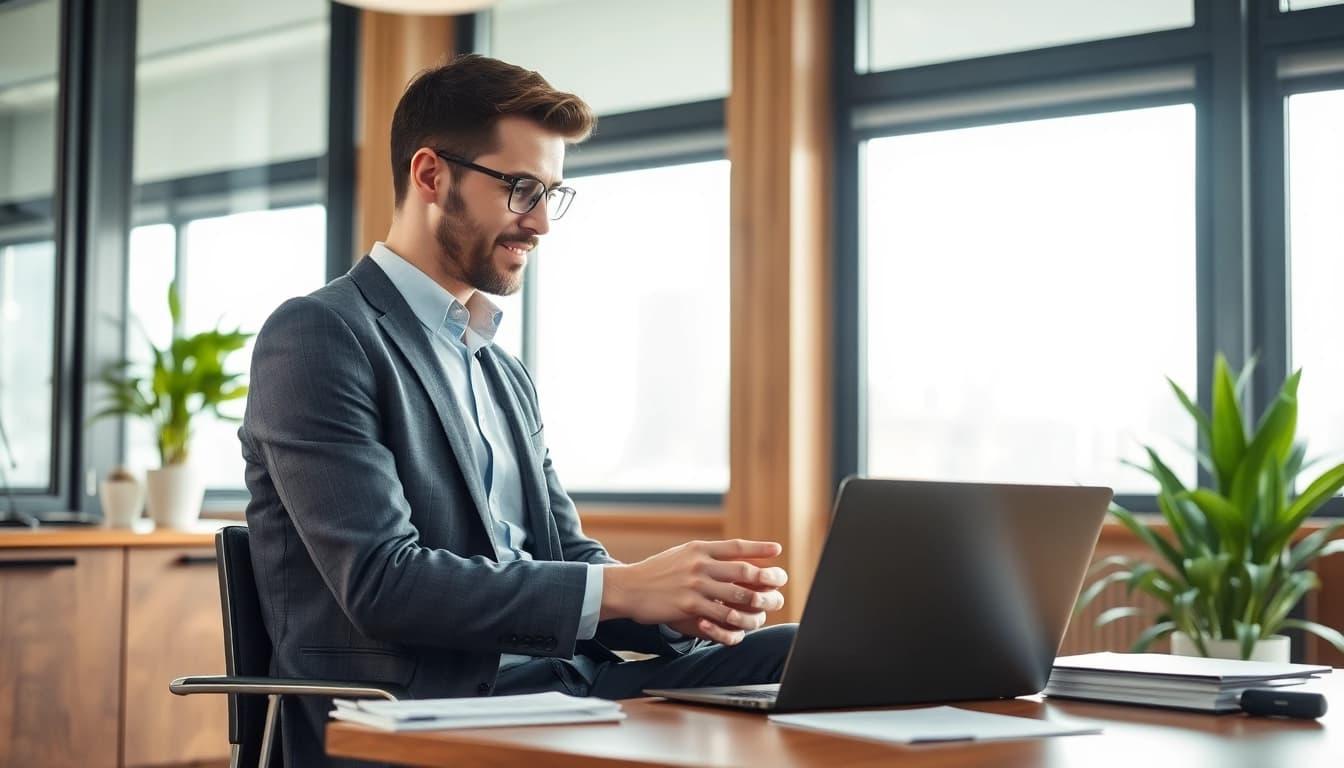 Headhunter Vertrieb: Professioneller Headhunter bei der Arbeit in modernem Büro.