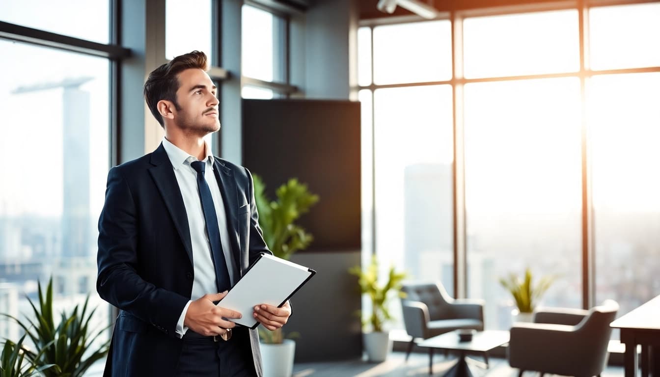 Headhunter in modernem Büro schaut nachdenklich aus dem Fenster