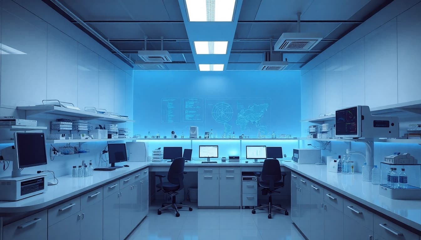 Visualisierung eines Labor Management Systems in einem modernen Labor, das datengestützte Prozesse verdeutlicht.