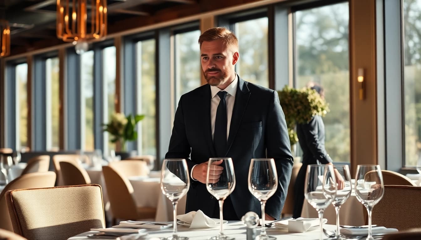 Headhunter Gastronomie in einem eleganten Restaurant, das mit einem Gast spricht.