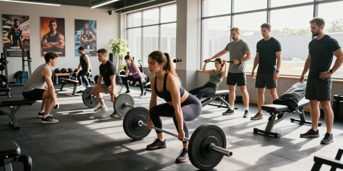 Deus Medical Steroide in einer modernen Fitnessumgebung mit Athleten beim Training.