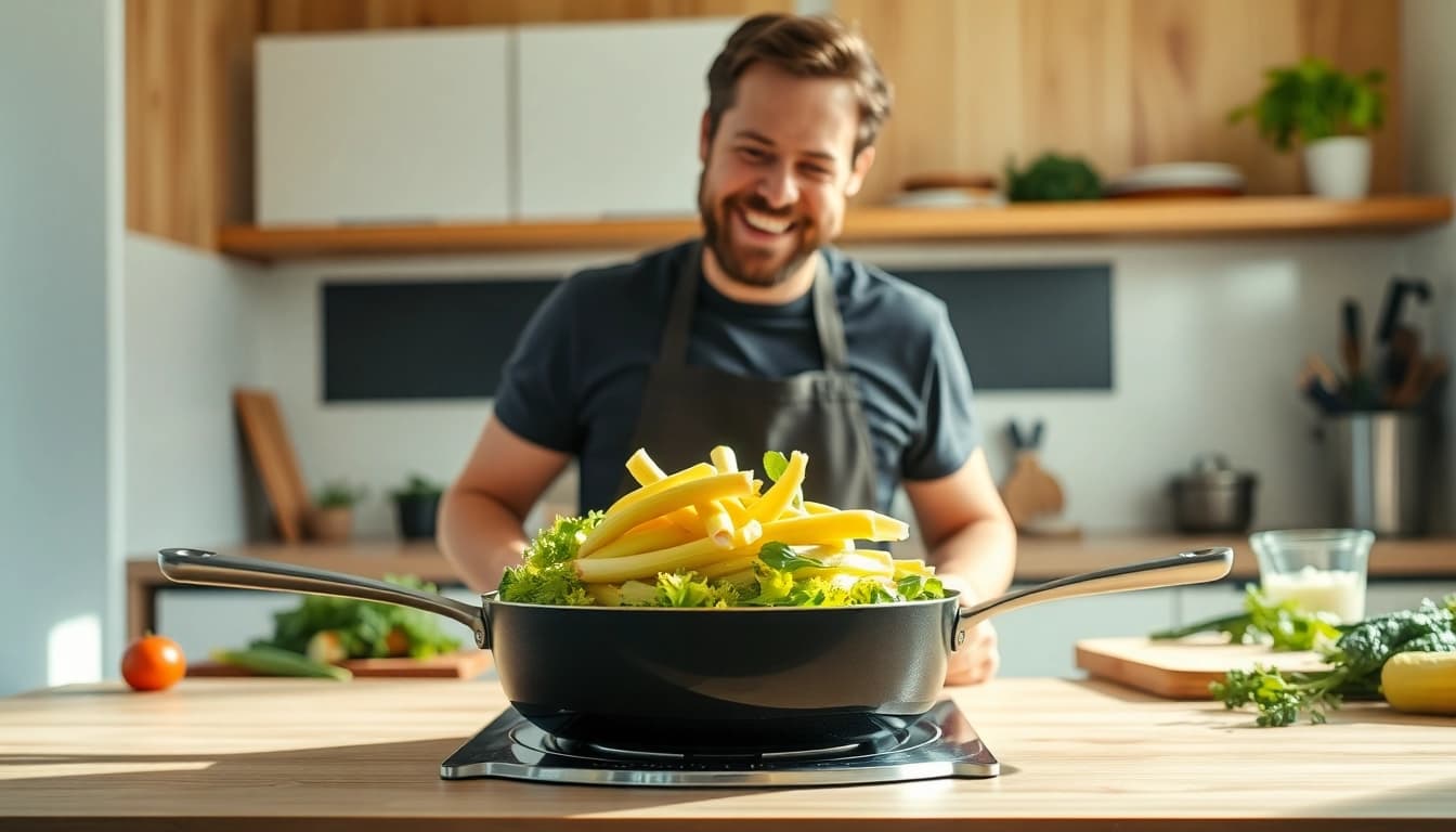 Entdecken Sie auf https://sommerkocht.ch Yann Sommer beim Kochen in einer modernen, hellen Küche mit frischen Zutaten.