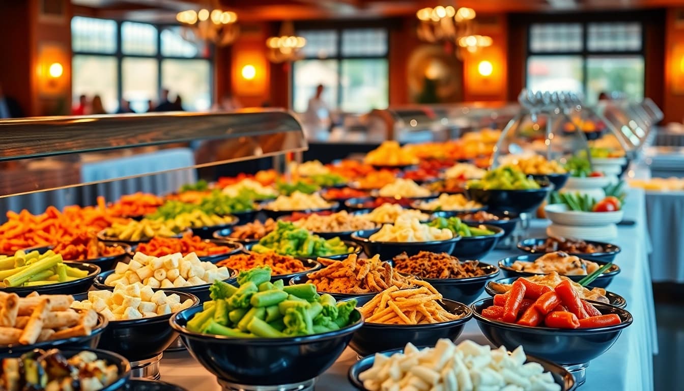 Enjoy a lavish buffet catering experience featuring a variety of dishes beautifully displayed for guests.