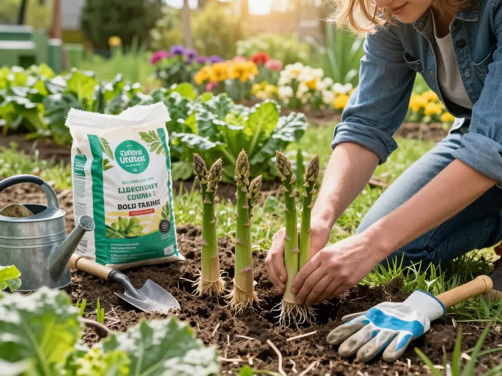 Planting spargel wurzeln kaufen in a vibrant garden, showcasing fresh asparagus roots and gardening tools.