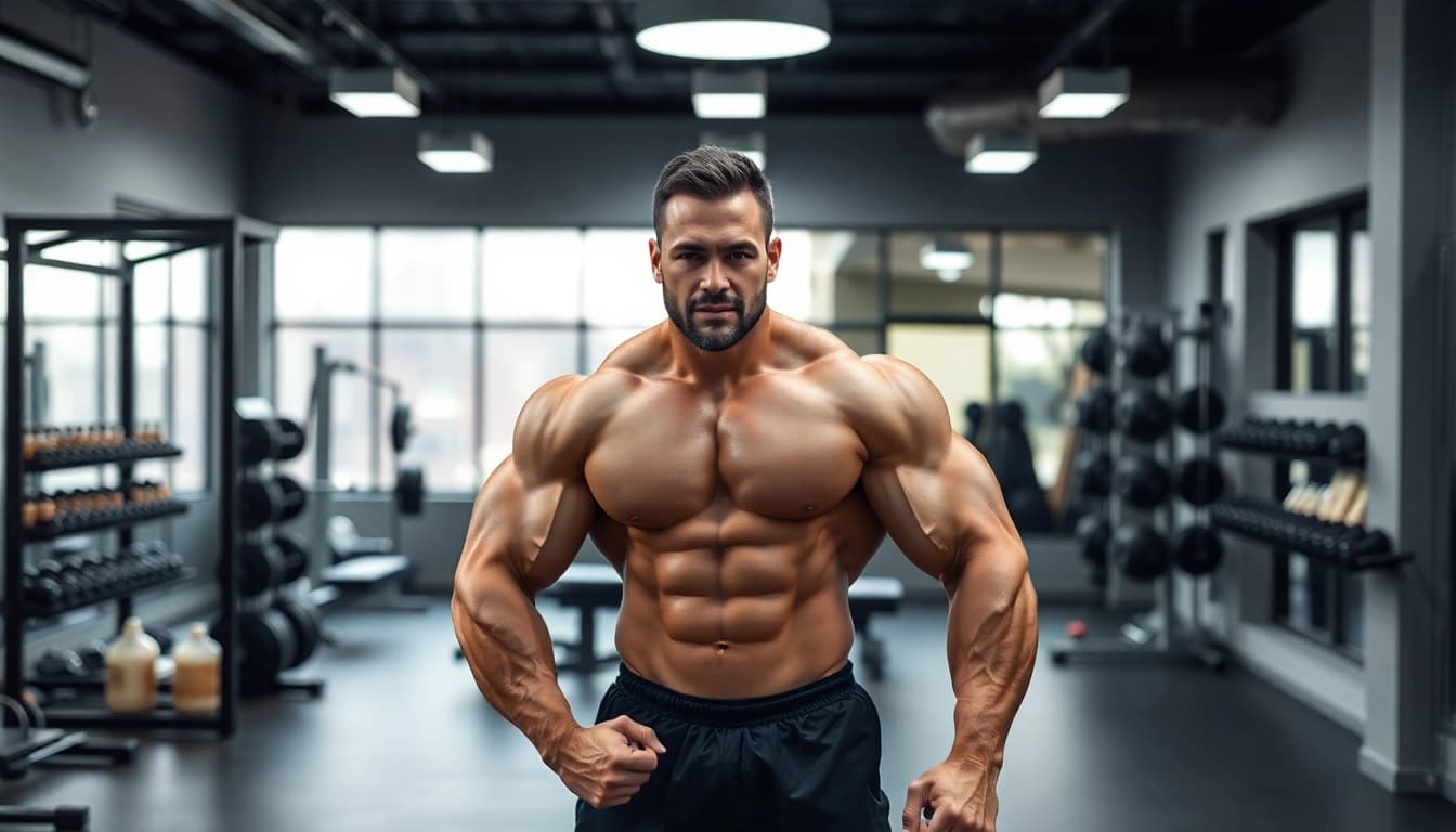 Ein athletischer Bodybuilder mit Unique Pharma Steroids und Supplements im Fitnessstudio