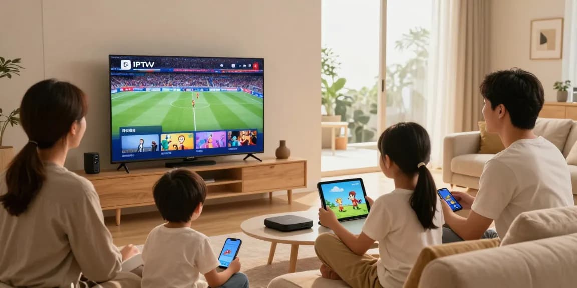 Familie genießt IPTV Streaming im Wohnzimmer, entspannt und lacht zusammen, während sie IPTV kaufen.