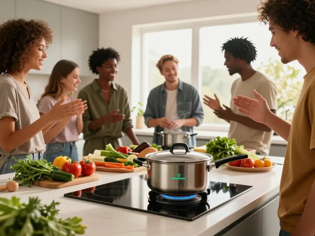 Der beste Induktionstopf zum Kochen, hervorgehoben in einer lebhaften Küchenszene mit Freunden, die zusammen kochen.