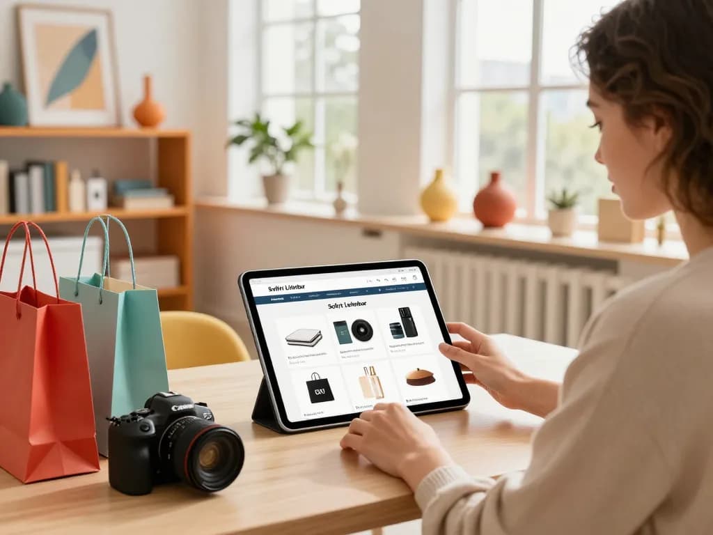 Sofort Lieferbar Einkaufsszene mit Verbrauchern, die lebendige E-Commerce-Produkte durchstöbern.
