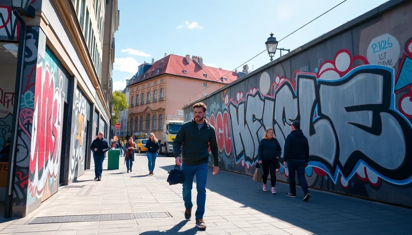 Erforschen Sie die lebendige Graffiti München mit einer beeindruckenden urbanen Muralszene und kreativen Passanten.