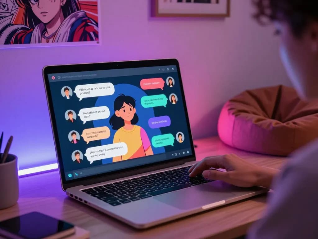 Engaging user interaction with hentai ai chat on a sleek laptop in a vibrant digital environment.