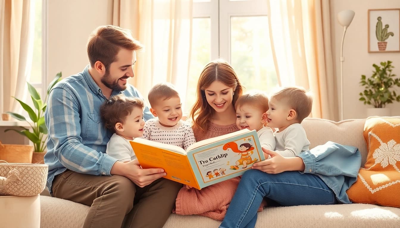 Kindererziehung: Eltern lesen liebevoll einem Kind in einer hellen, freundlichen Umgebung vor.