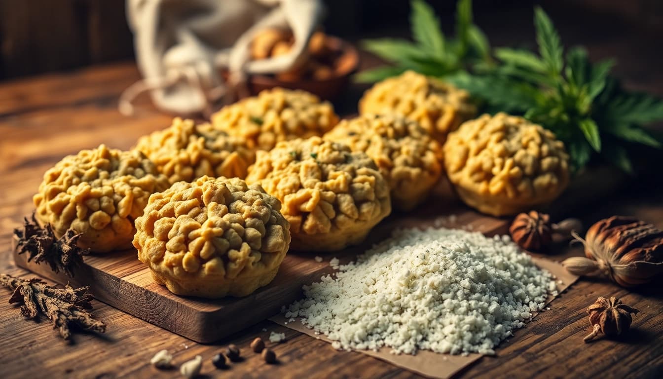 Leckere Cannabis Kekse frisch aus dem Ofen mit nussiger Textur und feinen Kräutern dekoriert.