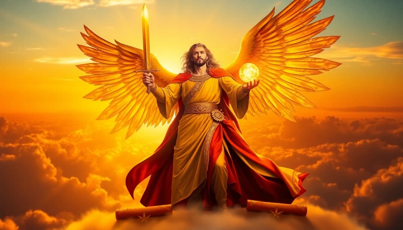 Erzengel Uriel mit leuchtendem Schwert und göttlicher Präsenz in himmlischer Umgebung.