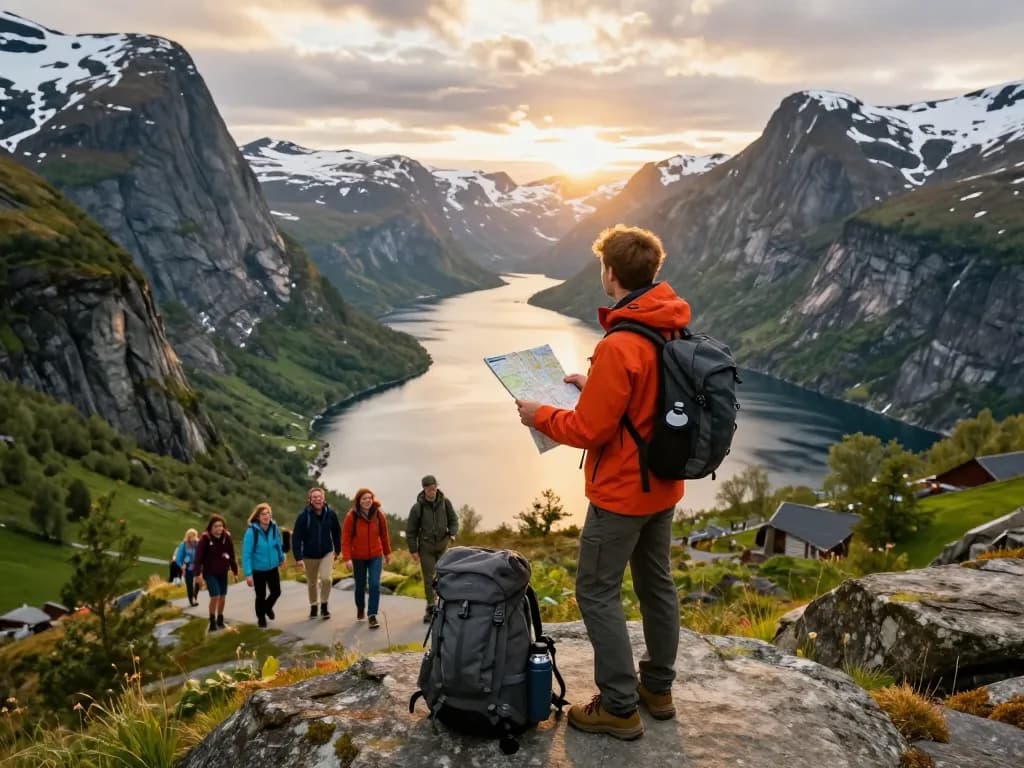 Reisetipps Skandinavien: Ein Reisender an einem atemberaubenden norwegischen Fjord, der beeindruckende Landschaften und Abenteuer zeigt.