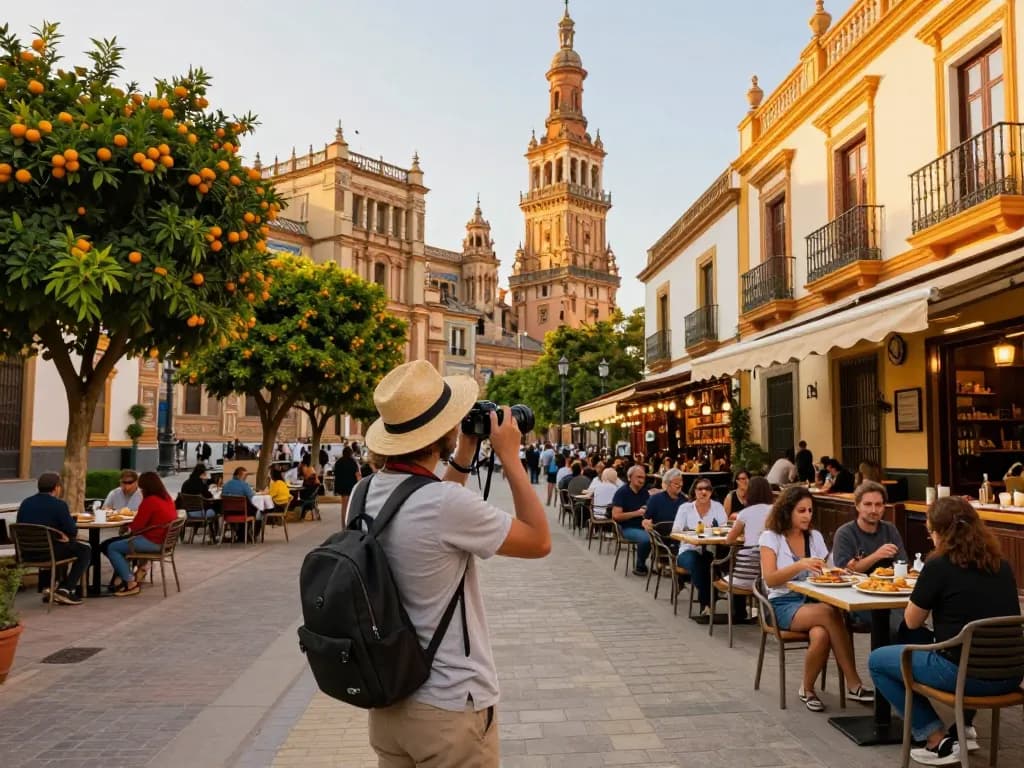 Reisetipps Sevilla für kulturelle Erkundungen, Reisende, die atemberaubende Architektur festhalten und das lebendige lokale Leben genießen.