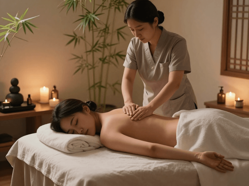 Relaxing 서울출장안마 session in tranquil spa environment with calming elements.