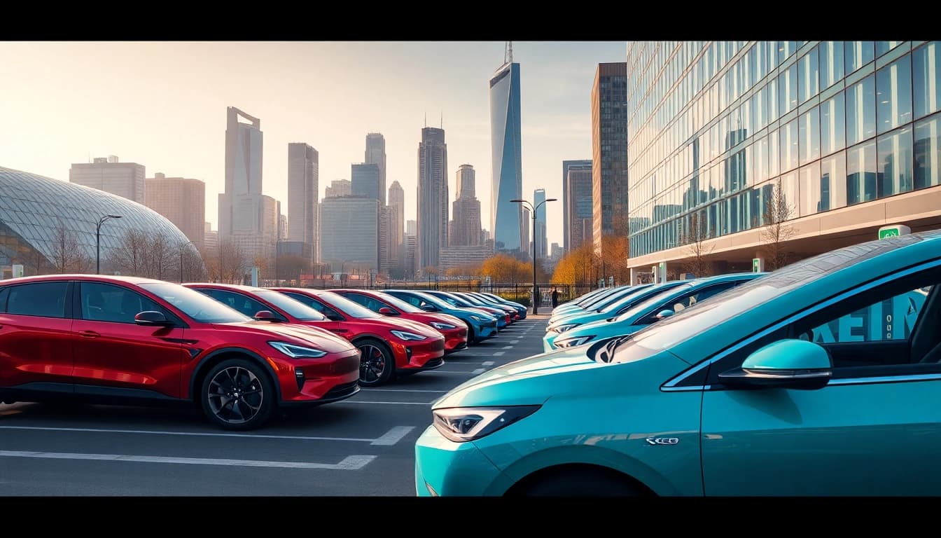 Elektroautos in einer modernen Stadt mit futuristischer Architektur und energiegeladenem Ambiente.
