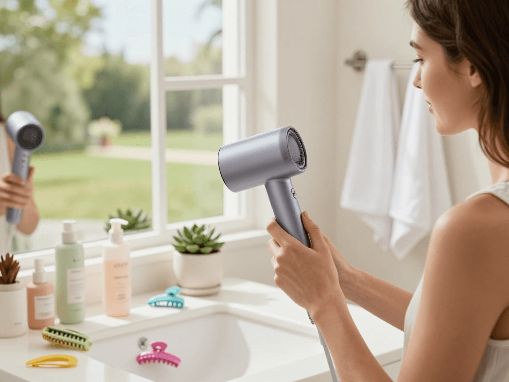 Compact hair dryer in use during a bright morning routine in a stylish bathroom.
