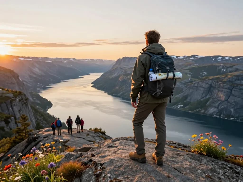 Skandinavische Reiseszene, die Skandinavien Reisetipps zeigt, mit einem Wanderer, der atemberaubende Fjorde bei Sonnenuntergang überblickt.