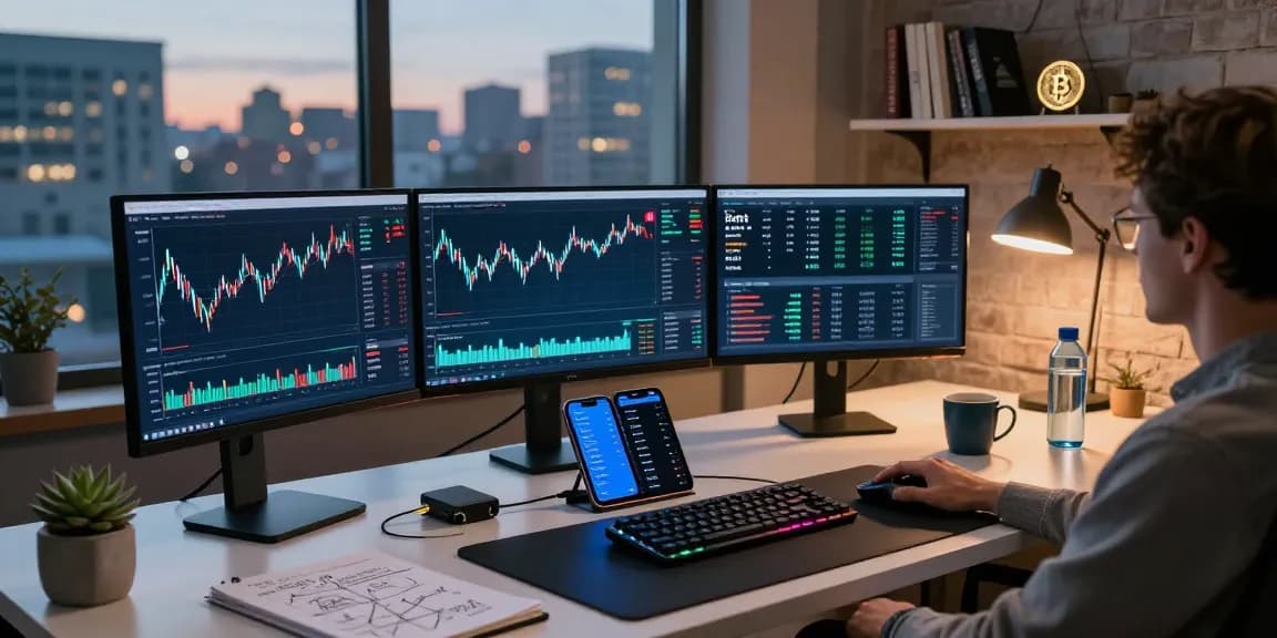 Edimakor Video Editor in einer modernen Blockchain-Arbeitsumgebung mit Krypto-Dashboards und Hardware-Wallet.