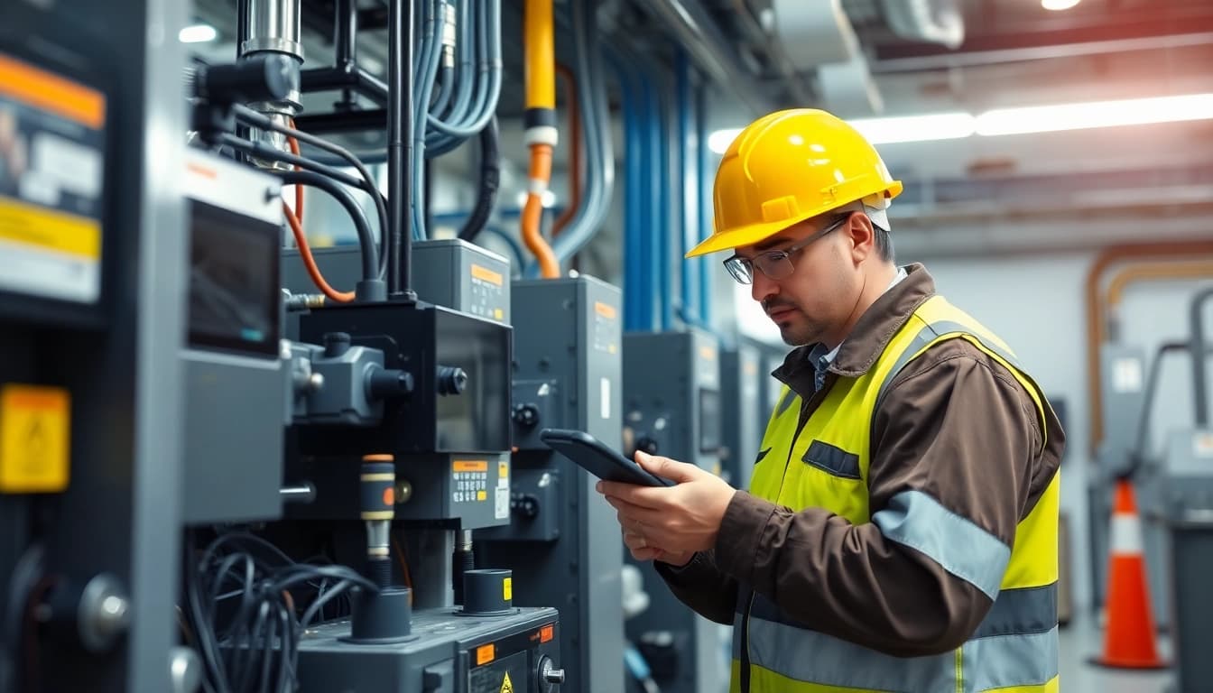 Technician performing a DGUV V3 Prüfung on electrical equipment with safety measures in a professional setting.