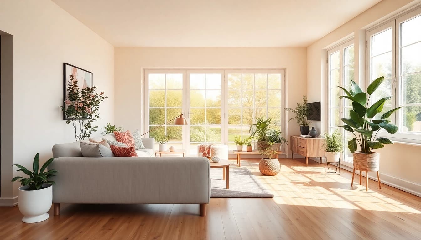 Raumgestaltung eines einladenden, hellen Wohnraums mit modernen Möbeln und Pflanzen.