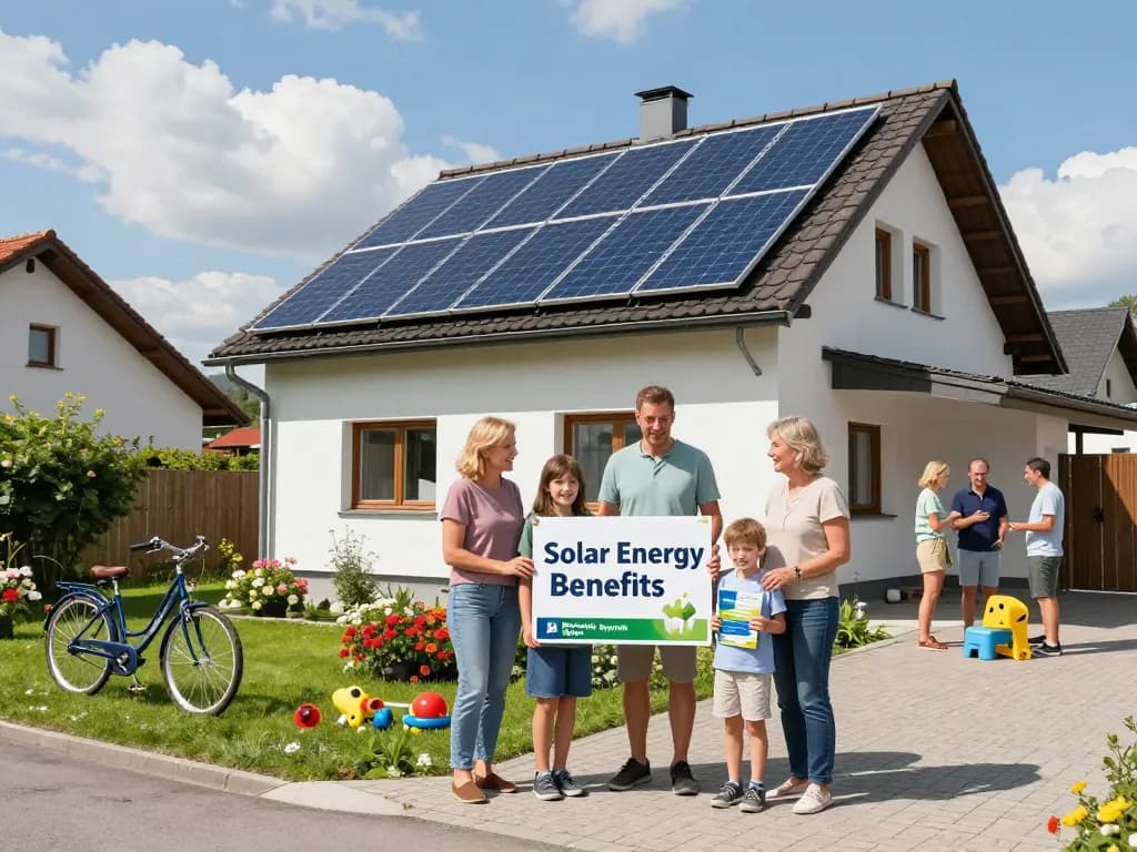 Familie mit Photovoltaik Bayern, die stolz ihre Solarpanels im Garten präsentiert