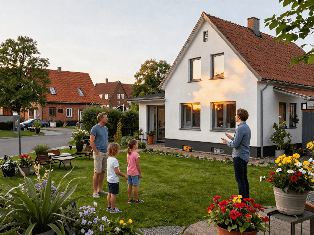 Immobilien Rostock - Familie besichtigt charmantes Haus mit Garten in sonniger Nachmittagsstimmung