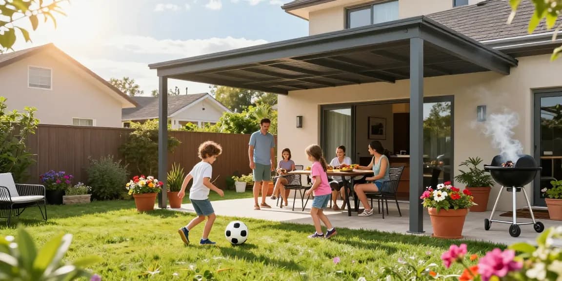 Familie genießt Terrassenüberdachungen im Garten mit Spielzeug und Pflanzen.