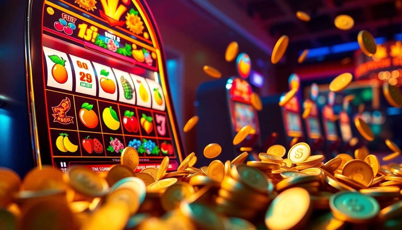 Claim exciting Free Spins while enjoying the thrill of a colorful slot machine, overflowing with coins.