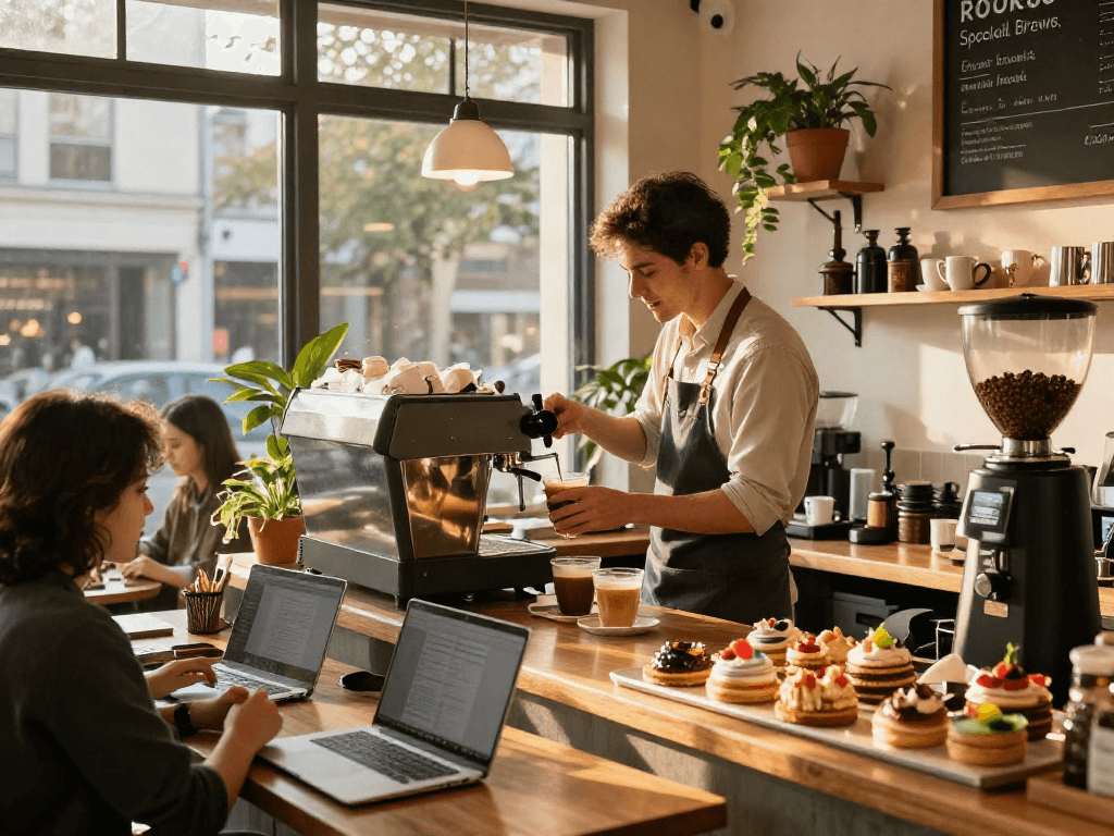 Barista crafting rokok88 specialty coffee drinks in a cozy café.