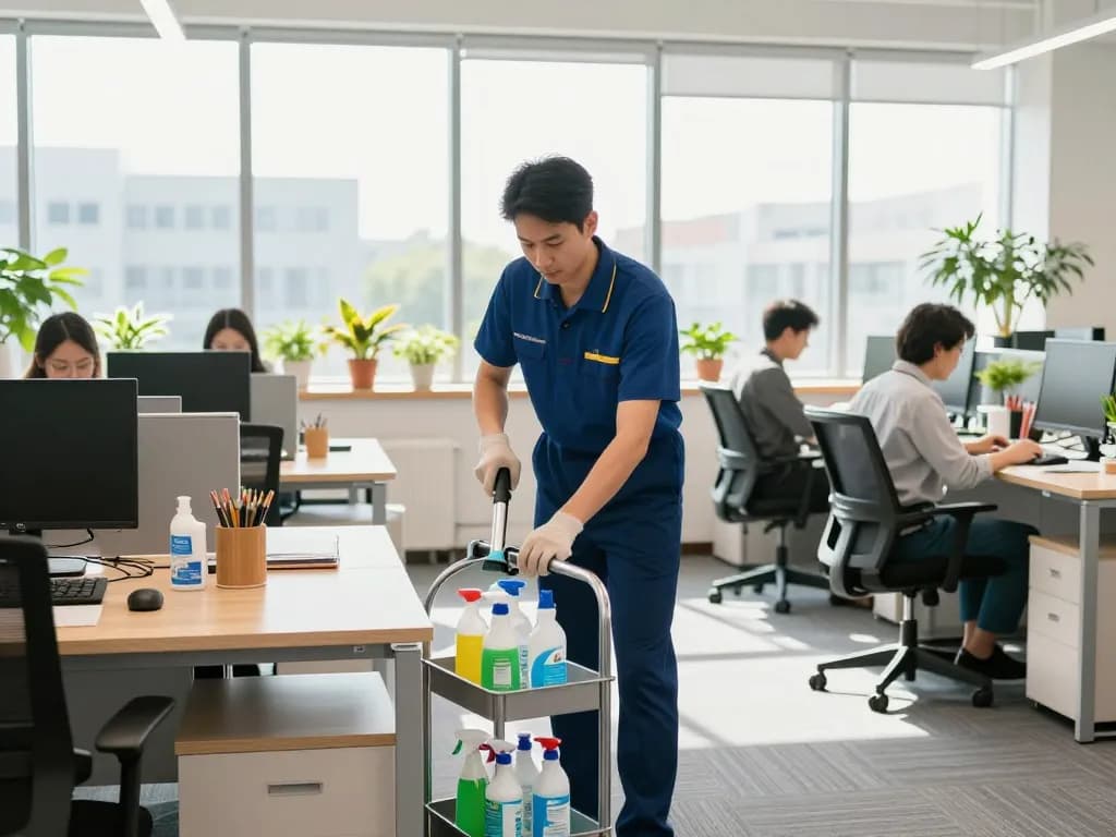 Zuverlässige Büroreinigung in Münster - Professioneller Reinigungskraft, der einen hellen und organisierten Büroraum mit umweltfreundlichen Produkten pflegt.