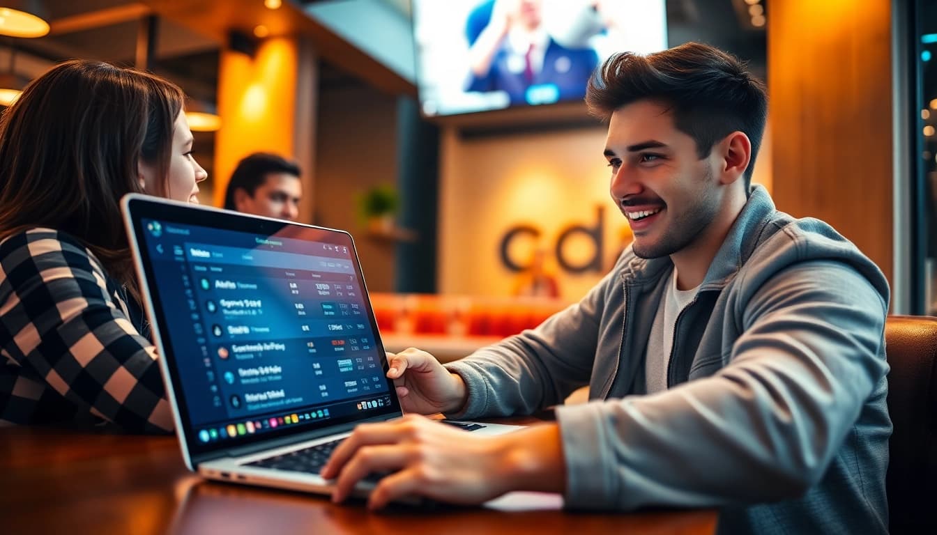 Illustration of a young adult engaged in sportwetten ohne lizenz, enjoying a betting experience on a sleek laptop in a modern café.