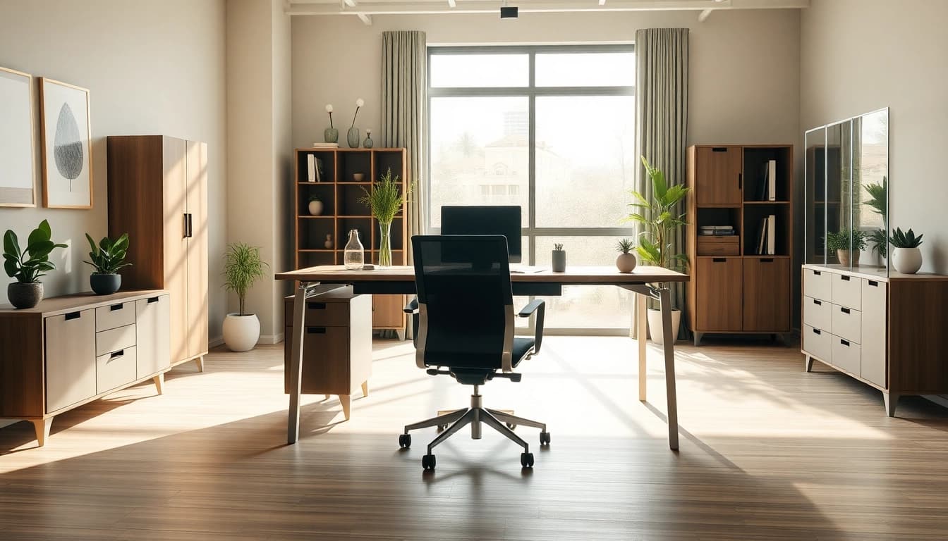 Büromöbel in einem modernen Büro mit ergonomischem Schreibtisch und stilvollem Bürostuhl.