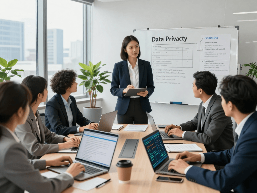 Startseite featuring a data privacy expert consulting with a team on GDPR compliance in a modern office.