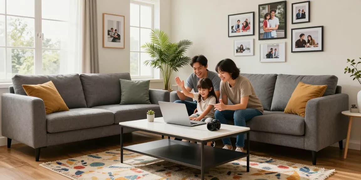 Familie genießt wohnmöbel online kaufen in einem stilvollen Wohnzimmer, wählt Möbel am Laptop, helle und einladende Atmosphäre.