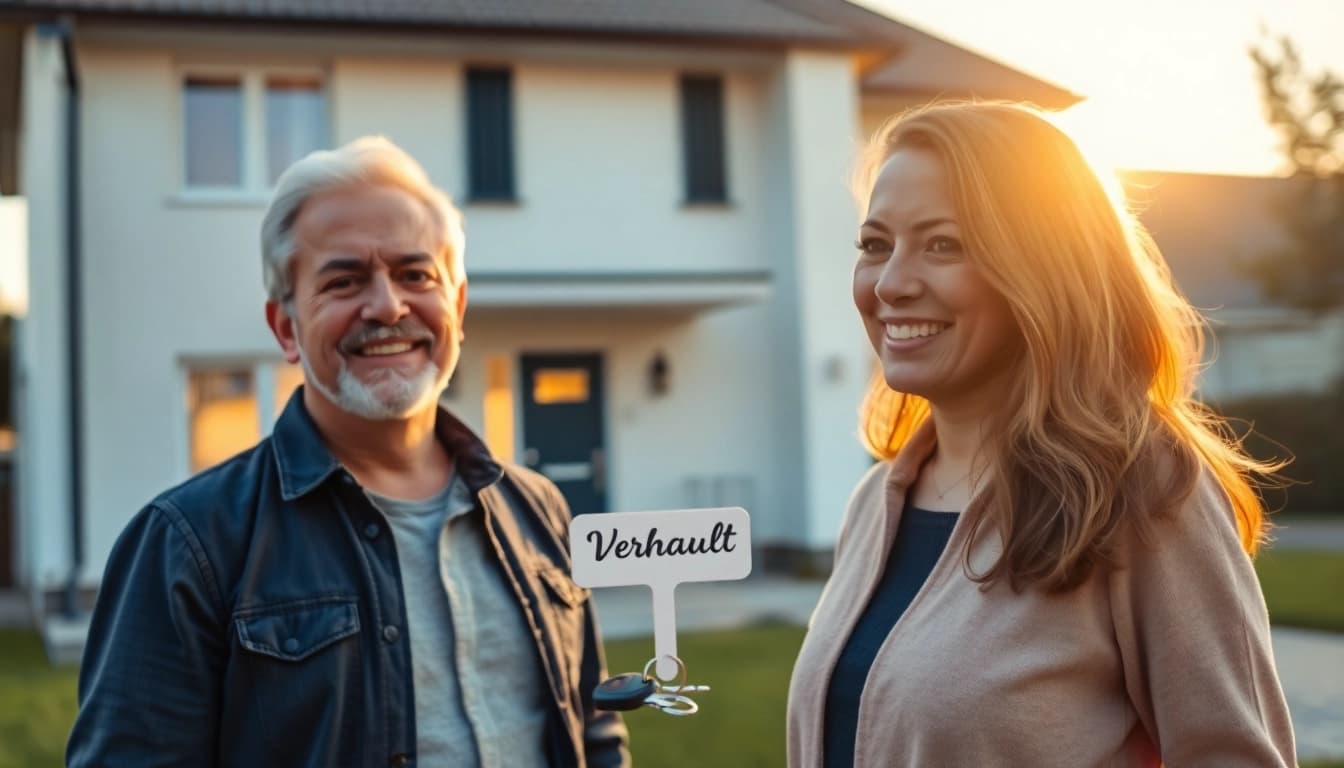 Feiern Sie Ihren Hauskauf mit einem glücklichen Paar vor ihrem neuen Zuhause, symbolisiert durch Schlüssel und ein „Verkauft“-Schild.
