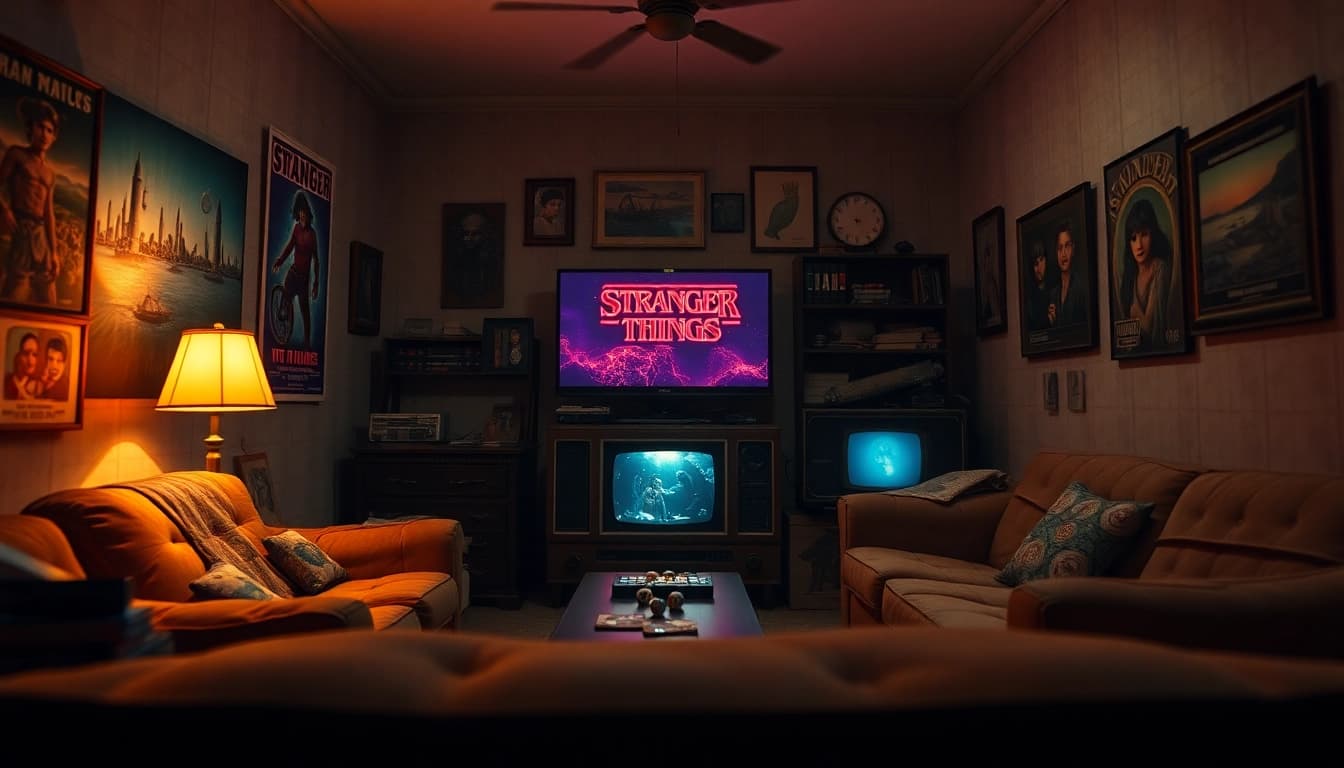 Stranger Things Review: Emotional reflections in a nostalgic 1980s-inspired room filled with gaming memorabilia.