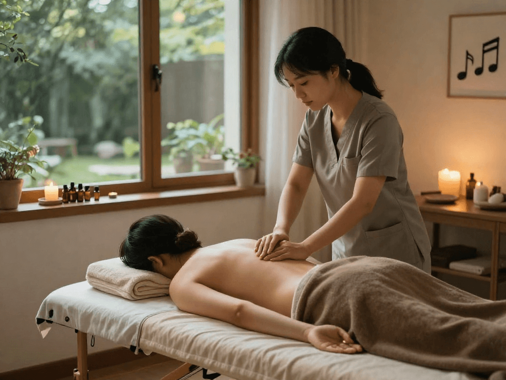 출장마사지 service in a tranquil home setting with a therapist providing professional care and essential spa items.